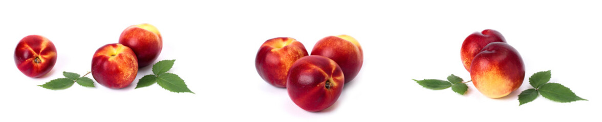 Fototapeta na wymiar Two red bald peaches on white background. Peaches close up red color. Set of fresh peaches.