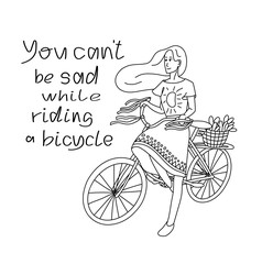 Fototapeta na wymiar Hand drawn vector bicycle print. Girl riding a bike with 