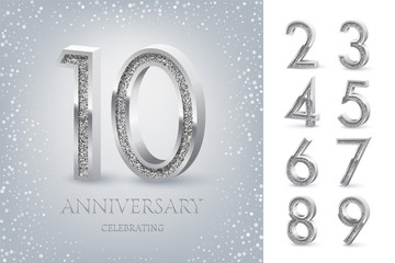 10th Anniversary Celebrating silver text and confetti on light blue background with numbers. Vector celebration anniversary event template.