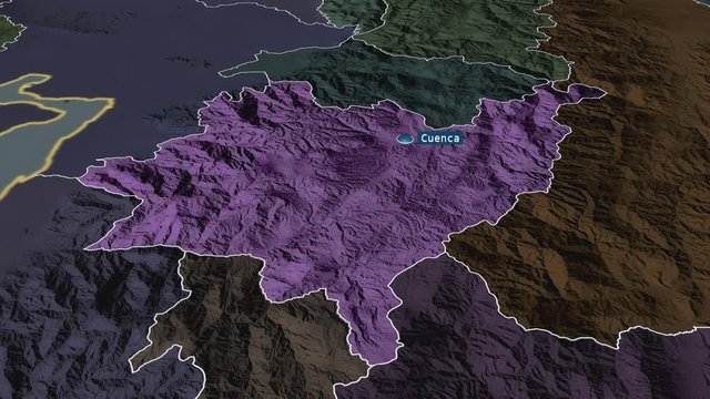 Azuay - province of Ecuador with its capital zoomed on the administrative map of the globe. Animation 3D