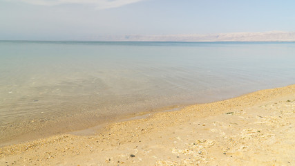 View of famous Dead Sea coastline, extremely salt lake, Jordan