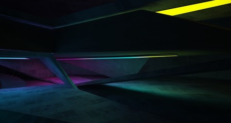 Abstract architectural concrete interior of a minimalist house with color gradient neon lighting. 3D illustration and rendering.