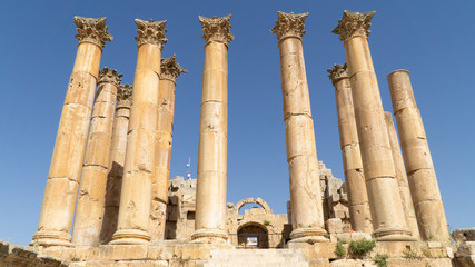 The ruins of the Temple of Artemis situated behind walls of Greco-Roman settlement of Gerasa,...
