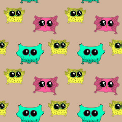 Obraz premium Bright spring seamless pattern in pastel colors. Cute owls on branches in butterflies and flowers in vector. Seamless pattern can be used for wallpapers, web page backgrounds