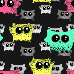 Bright spring seamless pattern in pastel colors. Cute owls on branches in butterflies and flowers in vector. Seamless pattern can be used for wallpapers, web page backgrounds