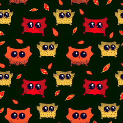 Bright spring seamless pattern in pastel colors. Cute owls on branches in butterflies and flowers in vector. Seamless pattern can be used for wallpapers, web page backgrounds