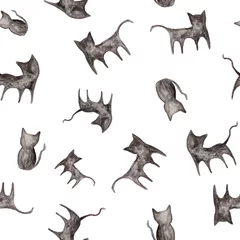 Fototapete Katzen Niedliche schwarze Katzen-Aquarellmalerei - handgezeichnetes nahtloses Muster auf weißem Hintergrund