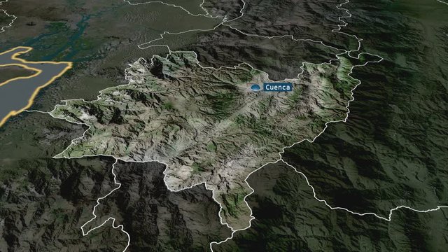 Azuay - province of Ecuador with its capital zoomed on the satellite map of the globe. Animation 3D