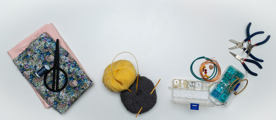 White background with tools for handicraft