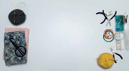 White background with tools for handicraft
