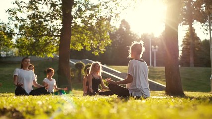 Group of women meditate in park on summer sunny morning under guidance of coach. Group of people is sitting outdoors in lotus pose on grass with eyes closed. Tracking shot in slow motion - Powered by Adobe