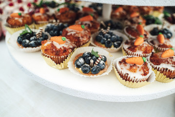 Carrot muffins and blueberry tarts on a buffet