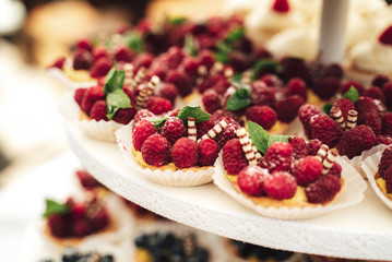 Tasty raspberry pastries on a buffet dessert table
