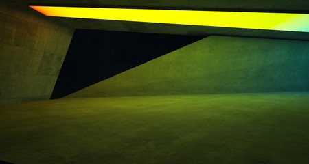 Abstract architectural concrete interior of a minimalist house with color gradient neon lighting. 3D illustration and rendering.