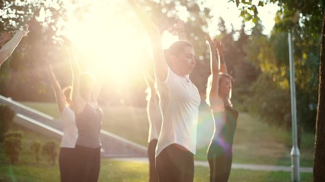 Group of young women are together practicing yoga in the park while sunrise. Group of people meditating in slow motion. Rays of sun are shining in camera