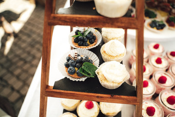 Cream muffins and fruity pastries on a buffet