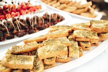 Tray of toasted bread canapes or snacks