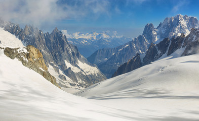 Panorama of Mont Blanc Massif, the highest and popular mountain in Europe northwestern Italy.
