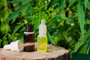 Hemp CBD oil pipette, marijuana oil bottle, cannabis extracts in jars, medical marijuana, alternative medicine