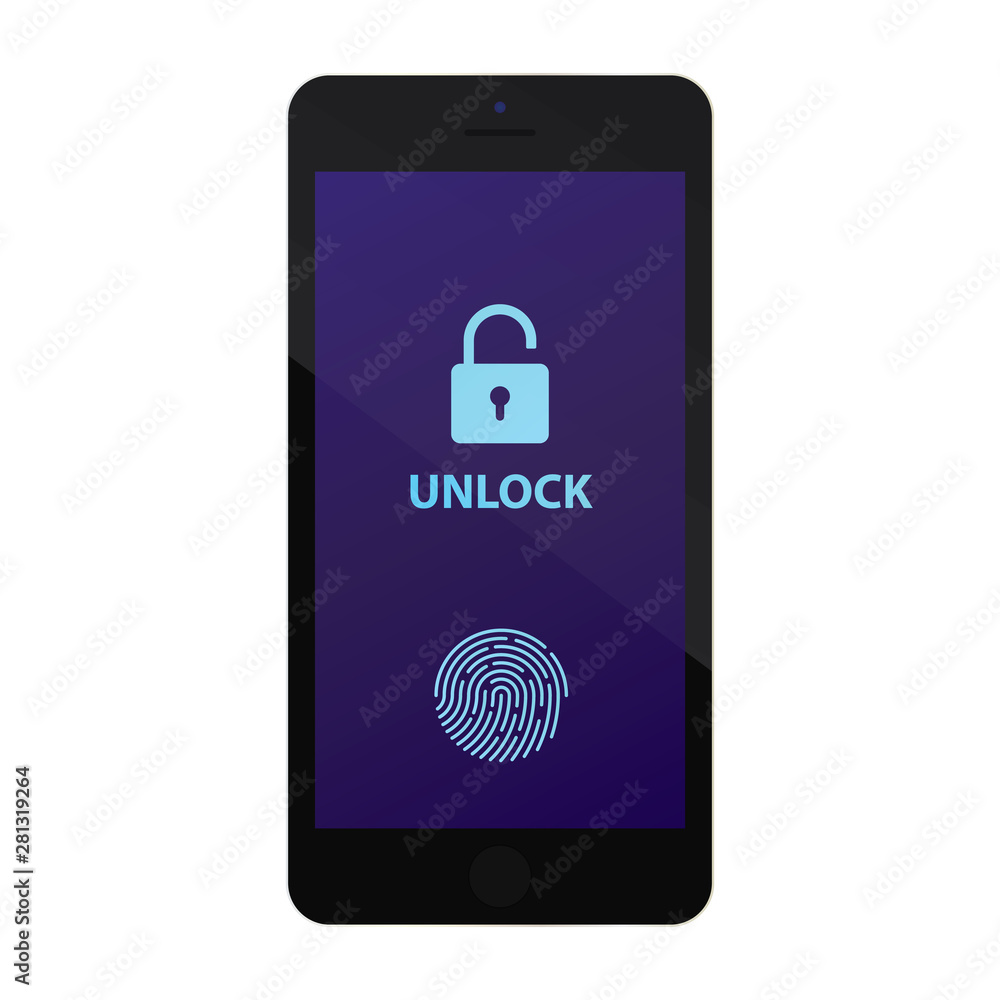 Poster black smartphone fron view with fingerprint autorization and padlock. smartphone security fingerprin