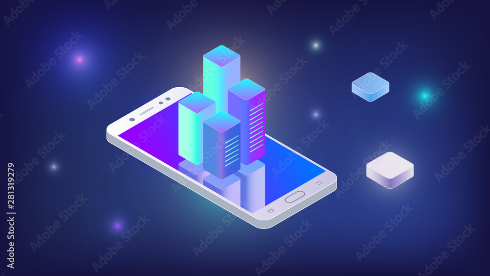 Poster techno wallpaper with an isometric smartphone. isometric smartphone with blue background with charts