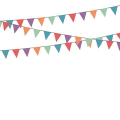 Obraz premium Party triangle bunting flags hanging on the rope. Colorful flag - green, blue, purple, red, orange. Template design for holiday decoration, celebration or birthday.