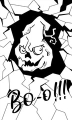 sly pumpkin emerges from the rift in the wall. Boo Text. Poster. Vector