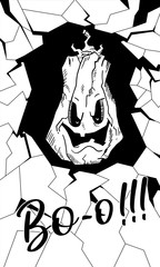 evil oval pumpkin emerges from the rift in the wall. Text Boo. Poster. Vector