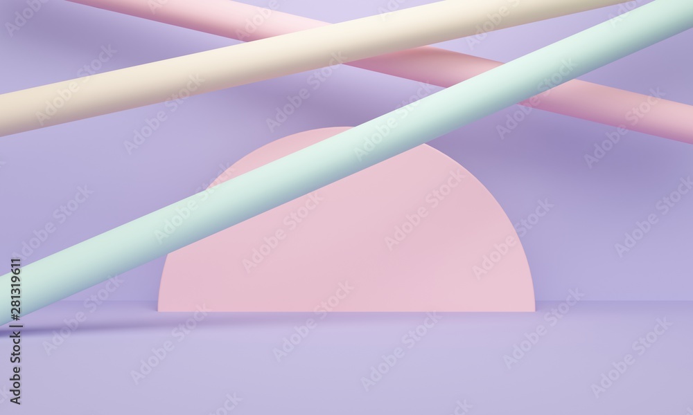 Poster geometric lilac abstract background with colored cylinders. minimalist backdrop design for product p