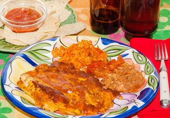 Beef and Cheese Enchiladas TV Dinner with Tortilla Chips and Beer
