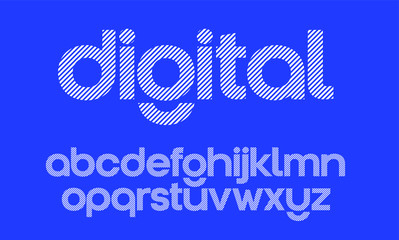 Modern, digital geometric vector font. Letters filled with Diagonal lines. Full alphabet