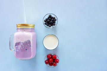 berries and milk smoothies, blue, pink, purple, coral