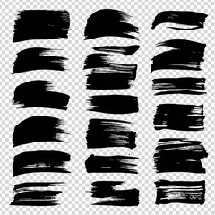 Black ink brushstrokes abstract textured big set isolated on imitation transparent background