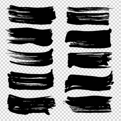 Brushstrokes textured abstract black set isolated on imitation transparent background