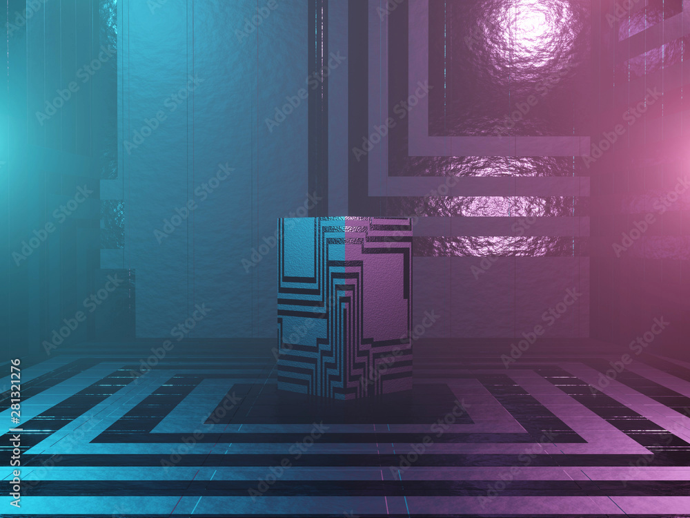 Poster abstract podium, pedestal or platform - a cube with sci-fi texture on a dark futuristic background. 