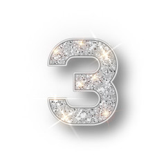 Silver glitter alphabet numbers 3 with shadow. Vector realistick shining silver font number three of sparkles on white background. For decoration of cute wedding, anniversary, party, label, headline