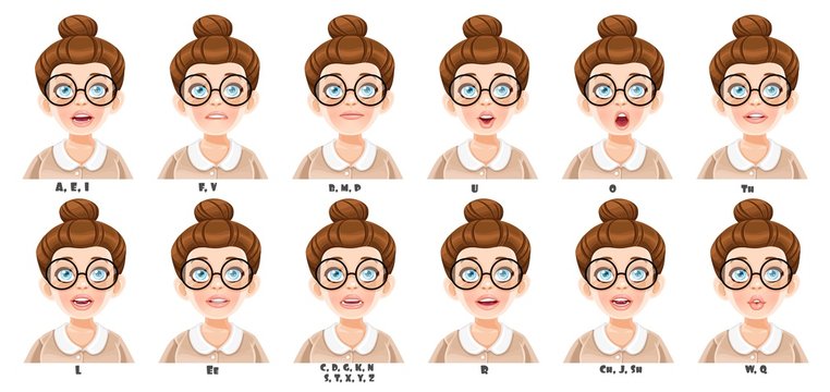 Cute cartoon brunette girl on glasses talking mouth animation. Female character speak mouths expressions