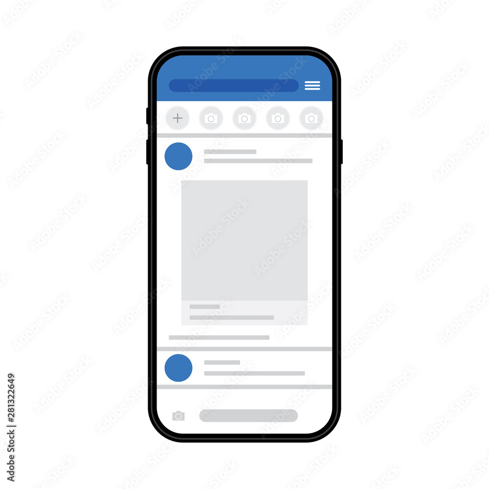 Poster smartphone with social networking menu on screen, vector. smartphone screen browsing, isolated on wh