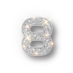 Silver glitter alphabet numbers 8 with shadow. Vector realistick shining silver font number eight of sparkles on white background. For decoration of cute wedding, anniversary, party, label, headline