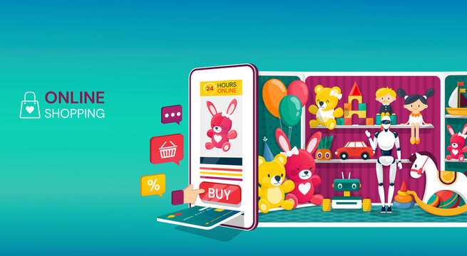 Online Shopping For Kids Toys With A Colorful Vector Design, Showing A Tablet Or Mobile Phone With Credit Card In A Payment Slot Backed By The Interior Of A Toy Shop With Toys On Shelves And Assistant