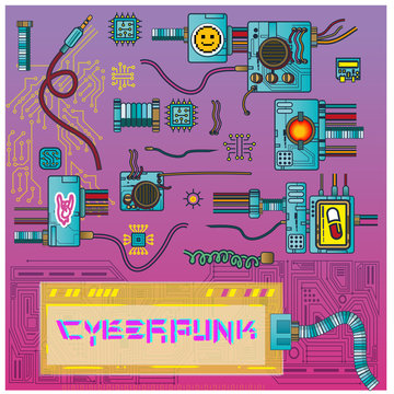 cyberpunk futuristic poster with retro games elements tech abstract poster template modern flyer