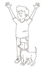 Teenager smiling and walking the dog cartoon in black and white