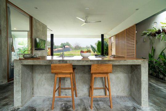 Modern open kitchen in luxury villa, Bali
