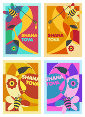 Shana Tova – A set of four posters design for Rosh Hashana – An Israeli Jewish holiday. The illustration was made with harmonic retro style colors. 