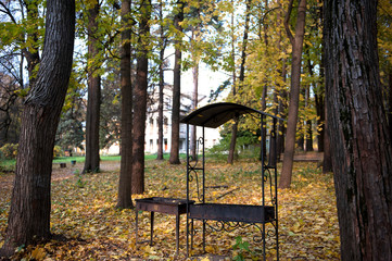 metal Barbecue grill in the autumn park, place for frying meat