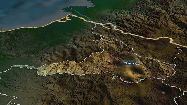 Imbabura - province of Ecuador with its capital zoomed on the physical map of the globe. Animation 3D