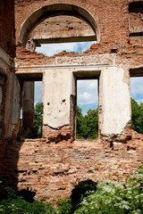 fragment of the abandoned ruined  brick Manor of Pushchino - on - Nara, Moscow region .