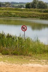 The "Do not swim" graphic sign in reed near river