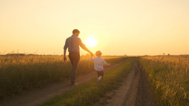 Father and son, father and little boy walking on the field at sunset. Go on the road at sunset in a field. 4k