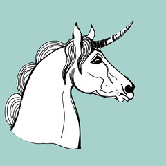  isolated image of a painted head and neck of a white unicorn on a colored background